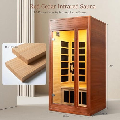 ZONEMEL Infrared Home Sauna 1-2 Person Red Cedar Wood Sauna Room, Indoor Dry Heat Sauna with Carbon Crystal Heating Panels, LED Control Panel, 39.4" L x 35.4" W x 78" H