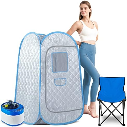 ZONEMEL Full Size Portable Steam Sauna Kit, Personal Full Body Sauna Spa for Home Relaxation, 4 Liters 1500 Watt Steamer, Remote Control, Timer, Foldable Chair (L31.5 x W31.5 x H55.1,Blue Border)