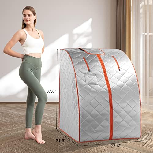 ZONEMEL Portable Infrared Sauna, 1 Person at Home Full Body Sauna, Individual Home Spa Tent with Heating Foot Pad, Upgraded Sauna Chair (L 27.6’’ x W 31.5’’ x H 37.8’’, Silver Orange)