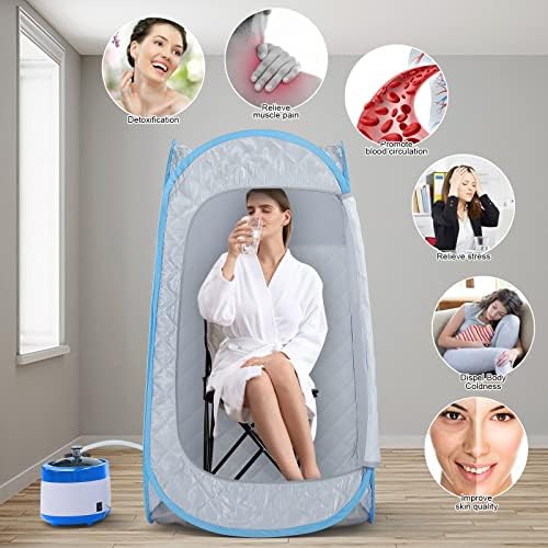 ZONEMEL Full Size Portable Steam Sauna Kit, Personal Full Body Sauna Spa for Home Relaxation, 4 Liters 1500 Watt Steamer, Remote Control, Timer, Foldable Chair (L31.5 x W31.5 x H55.1,Blue Border)