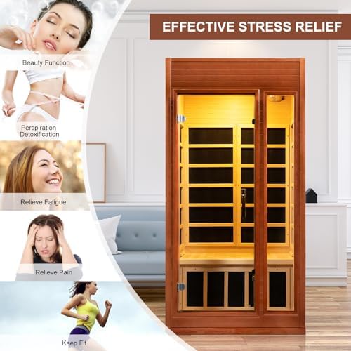 ZONEMEL Infrared Home Sauna 1-2 Person Red Cedar Wood Sauna Room, Indoor Dry Heat Sauna with Carbon Crystal Heating Panels, LED Control Panel, 39.4" L x 35.4" W x 78" H