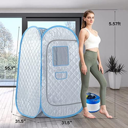 ZONEMEL Full Size Portable Steam Sauna Kit, Personal Full Body Sauna Spa for Home Relaxation, 4 Liters 1500 Watt Steamer, Remote Control, Timer, Foldable Chair (L31.5 x W31.5 x H55.1,Blue Border)