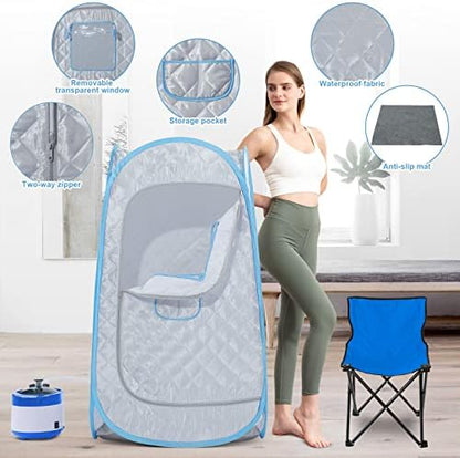 ZONEMEL Full Size Portable Steam Sauna Kit, Personal Full Body Sauna Spa for Home Relaxation, 4 Liters 1500 Watt Steamer, Remote Control, Timer, Foldable Chair (L31.5 x W31.5 x H55.1,Blue Border)