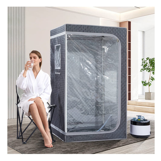 ZONEMEL Full Size Portable Steam Sauna Kit, Personal Full Body Sauna Spa for Home Relaxation, 4 Liters 1500 Watt Steamer, Remote Control, Timer, Foldable Chair (Grey, Clear Door)