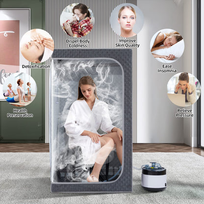 ZONEMEL Full Size Portable Steam Sauna Kit, Personal Full Body Sauna Spa for Home Relaxation, 4 Liters 1500 Watt Steamer, Remote Control, Timer, Foldable Chair (Grey, Clear Door)