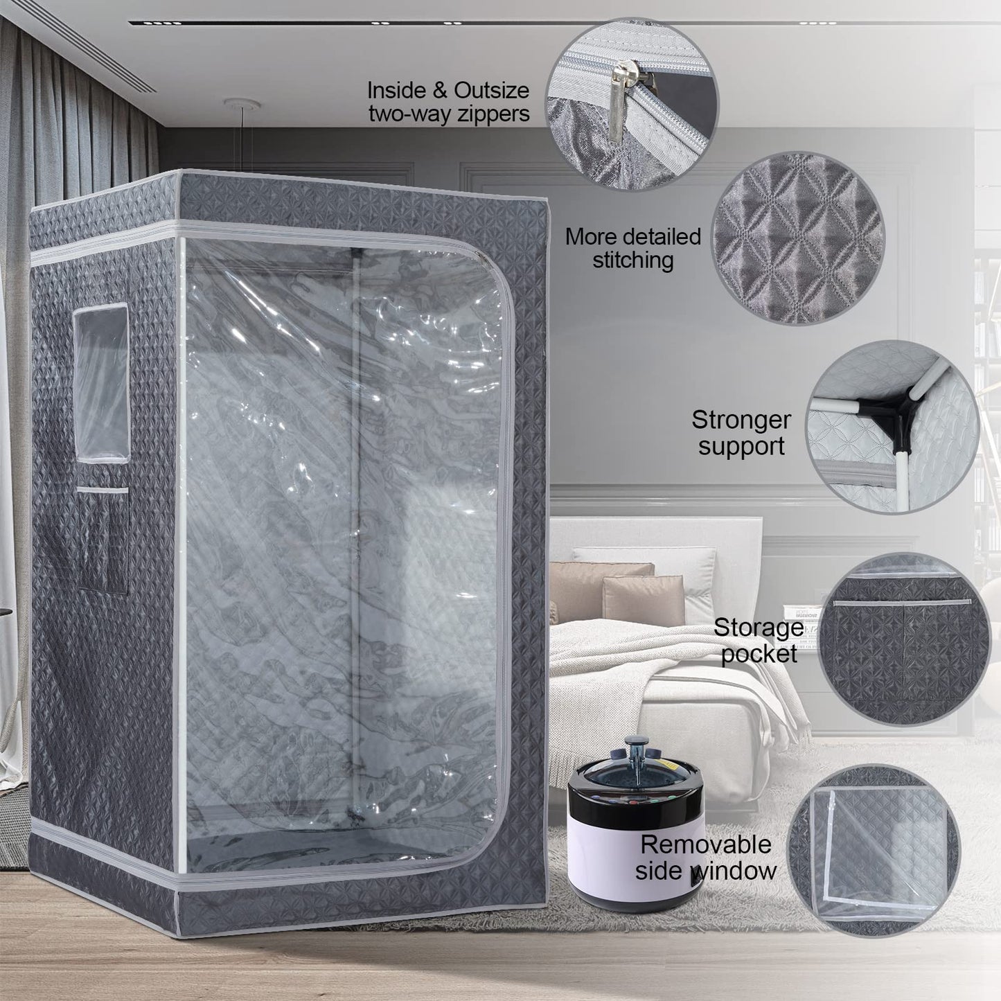 ZONEMEL Full Size Portable Steam Sauna Kit, Personal Full Body Sauna Spa for Home Relaxation, 4 Liters 1500 Watt Steamer, Remote Control, Timer, Foldable Chair (Grey, Clear Door)